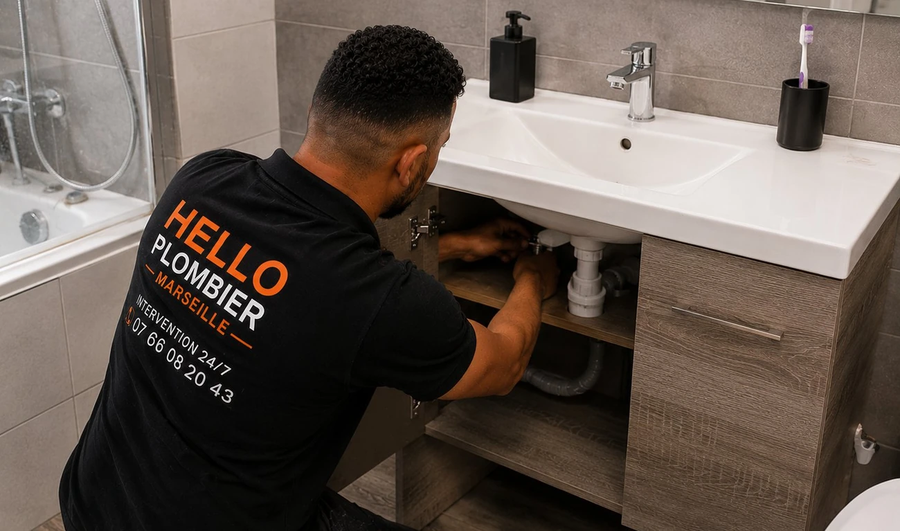 Plombier Hello Plombier réparant une fuite sur le siphon sous un lavabo dans le 12e arrondissement de Marseille (13012) — dépannage dès 109€