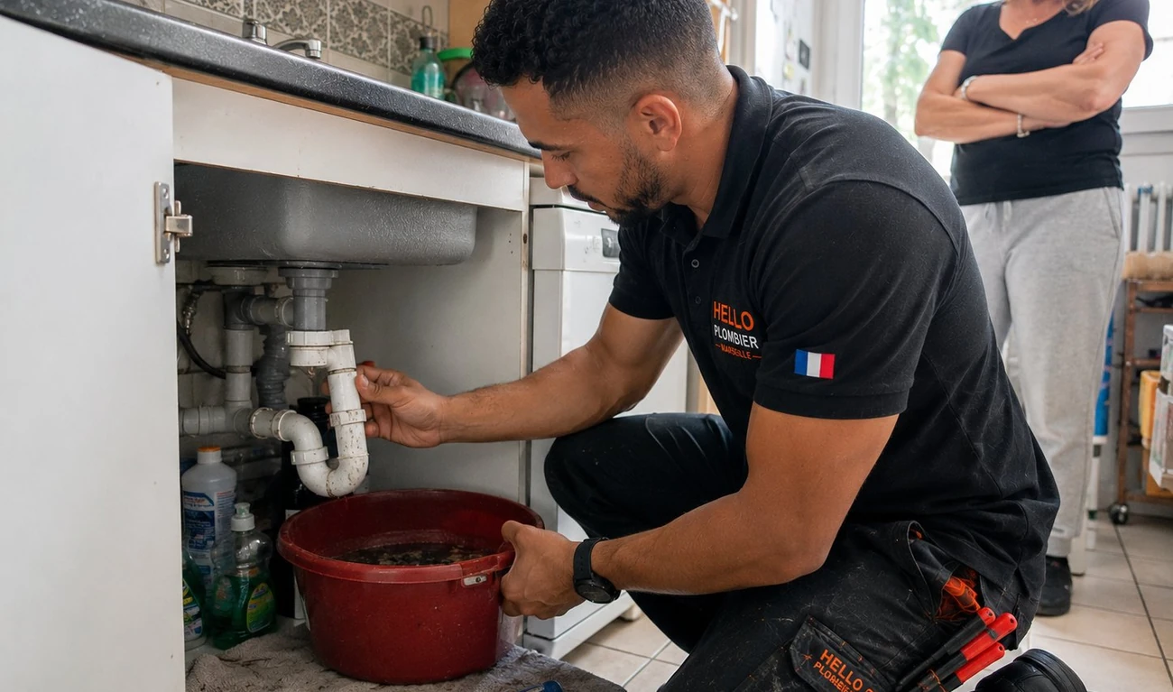 Plombier Hello Plombier démontant un siphon bouché sous un évier dans le 14e arrondissement de Marseille (13014) — dépannage dès 109€