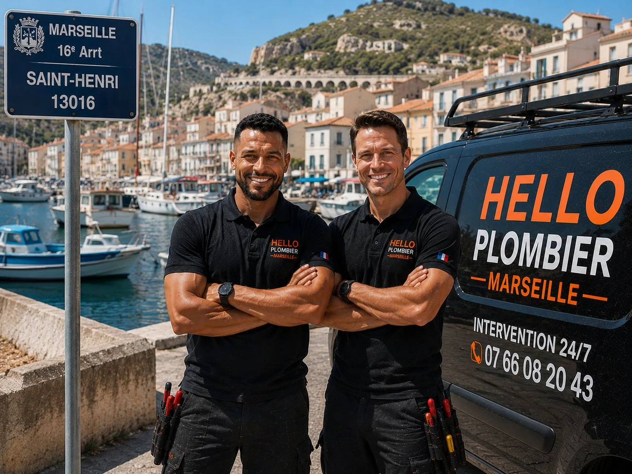 Plombier Marseille 16e (13016) : Medhi et Julien de Hello Plombier devant le van à Saint-Henri — L'Estaque, Les Riaux, Saint-André, dépannage 24h/24