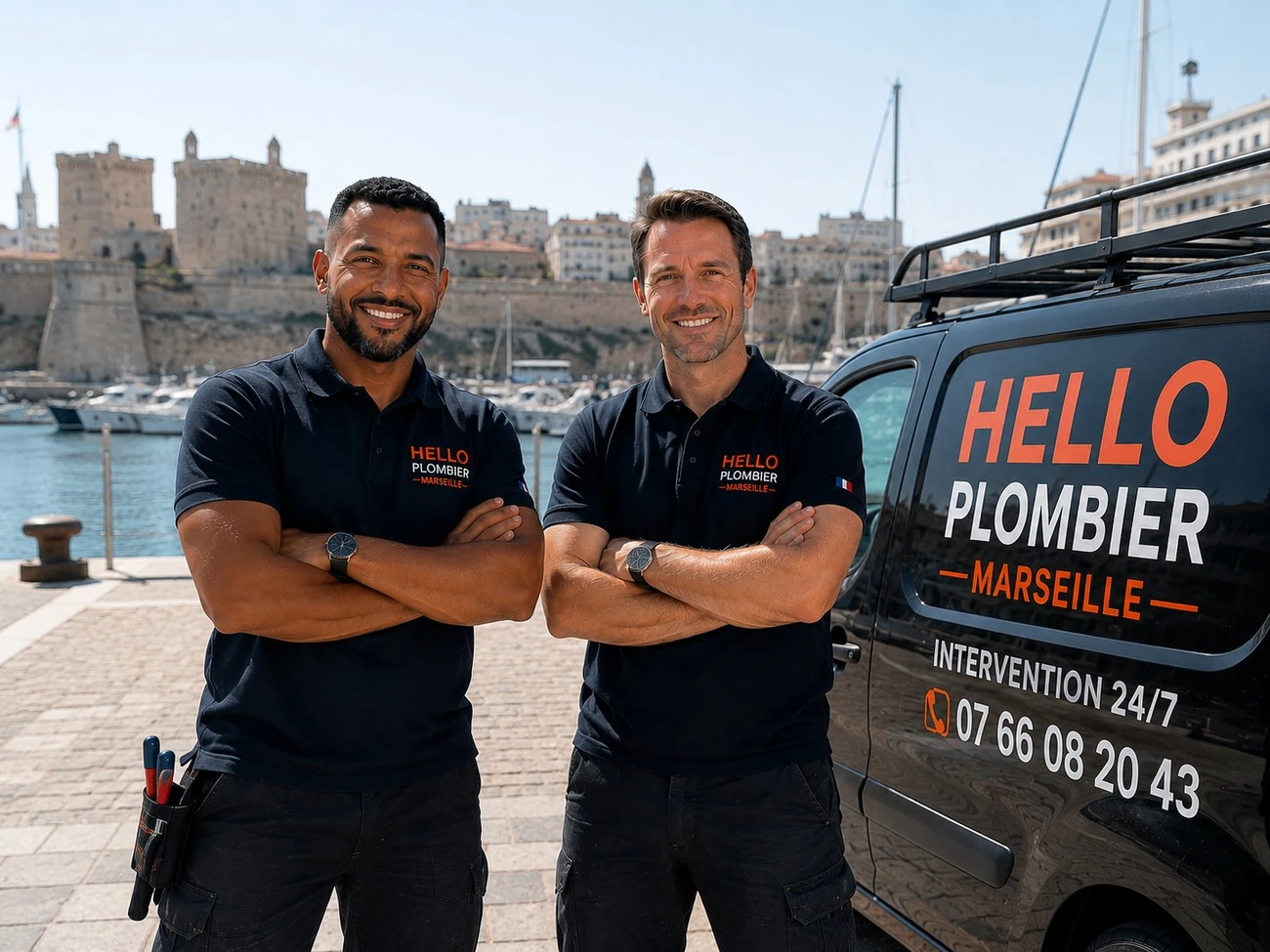 Plombier Marseille 2e (13002) : Medhi et Julien de Hello Plombier devant le van au port de la Joliette — Panier, Arenc, Euroméditerranée, dépannage 24h/24