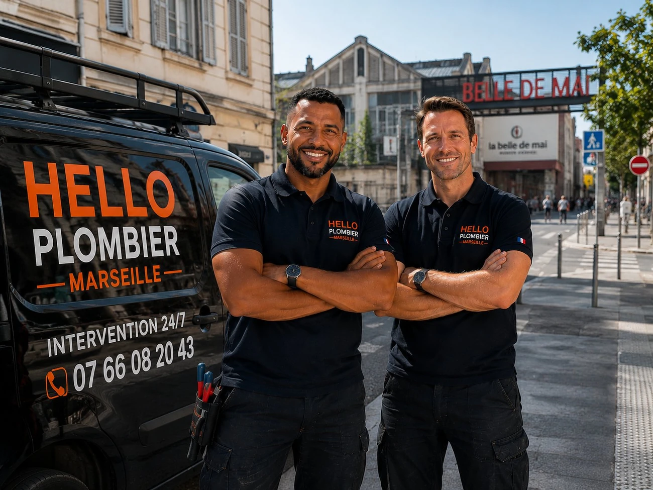 Plombier Marseille 3e (13003) : Medhi et Julien de Hello Plombier devant le van à la Belle de Mai — Saint-Lazare, Saint-Mauront, gare Saint-Charles, dépannage 24h/24