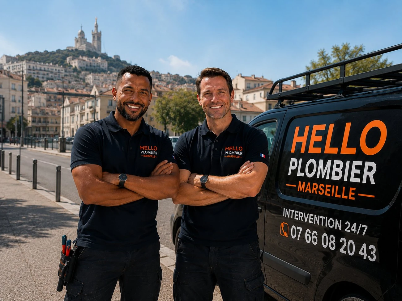 Plombier Marseille 4e (13004) : Medhi et Julien de Hello Plombier devant le van aux Cinq-Avenues — Chartreux, Blancarde, Chutes-Lavie, dépannage 24h/24