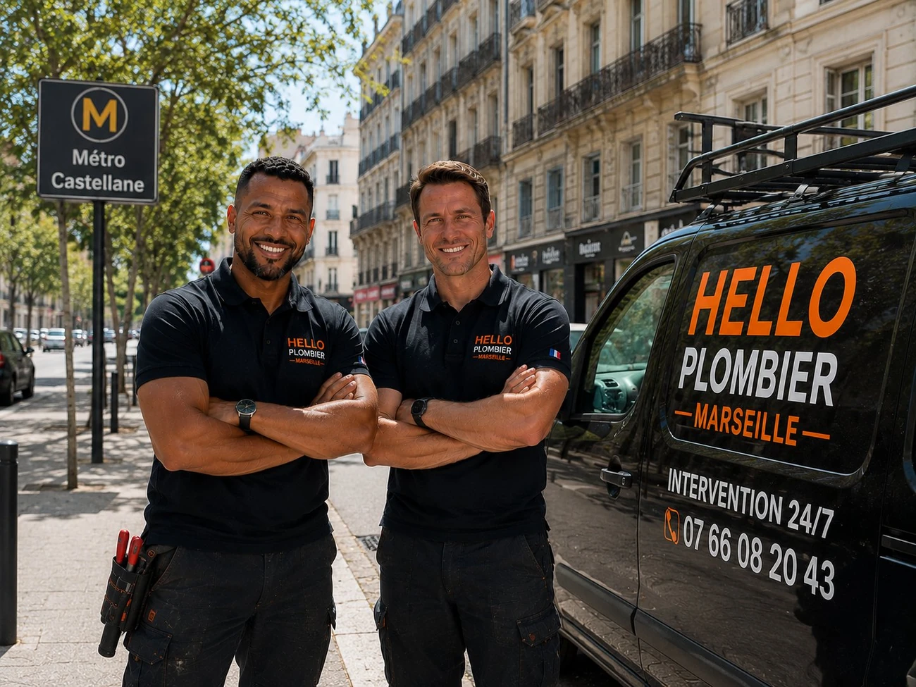 Plombier Marseille 6e (13006) : Medhi et Julien de Hello Plombier devant le van à Castellane — Préfecture, Cours Julien, Notre-Dame-du-Mont, dépannage 24h/24