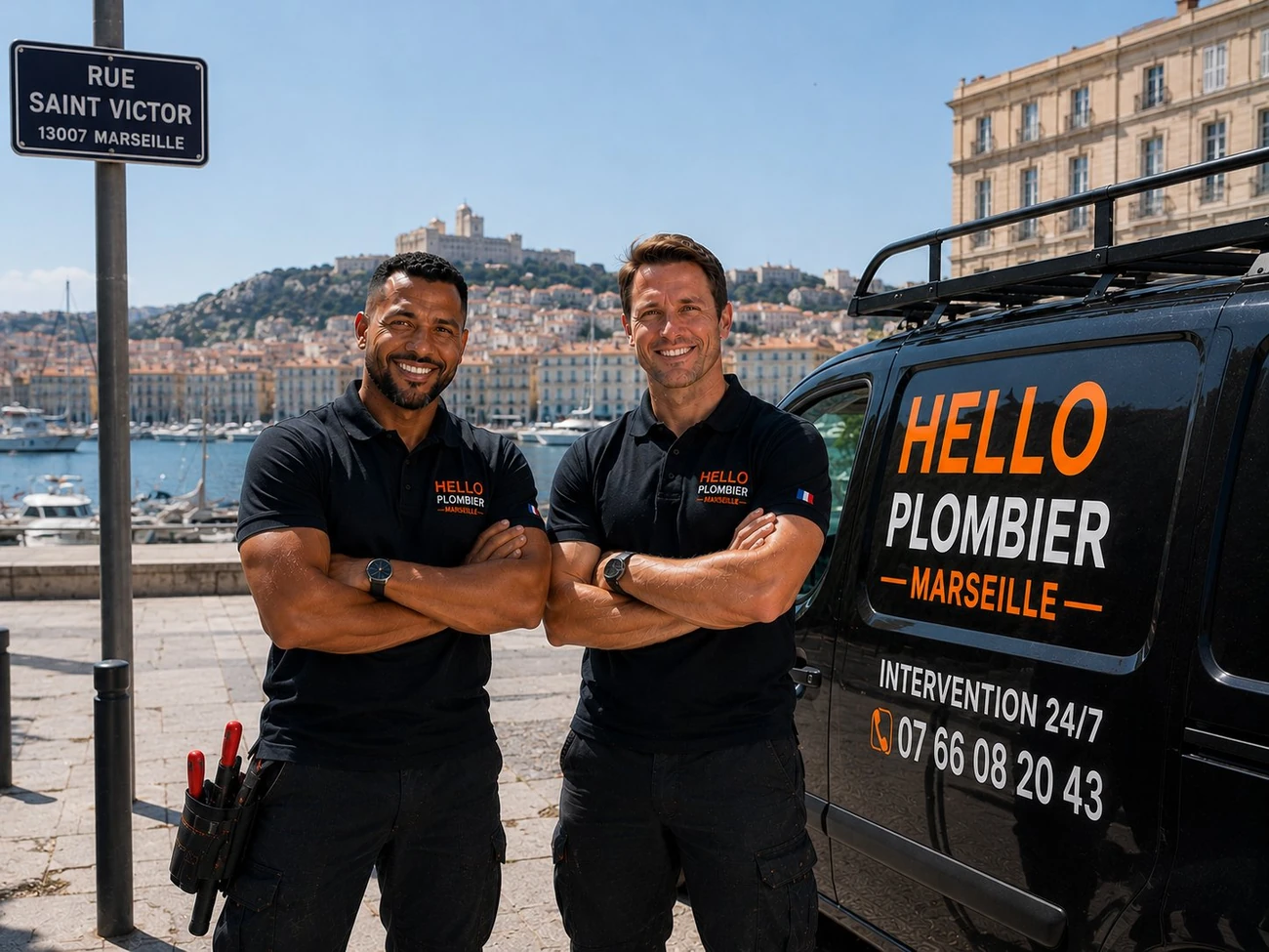 Plombier Marseille 7e (13007) : Medhi et Julien de Hello Plombier devant le van rue Saint-Victor — Endoume, le Pharo, les Catalans, Roucas-Blanc, dépannage 24h/24