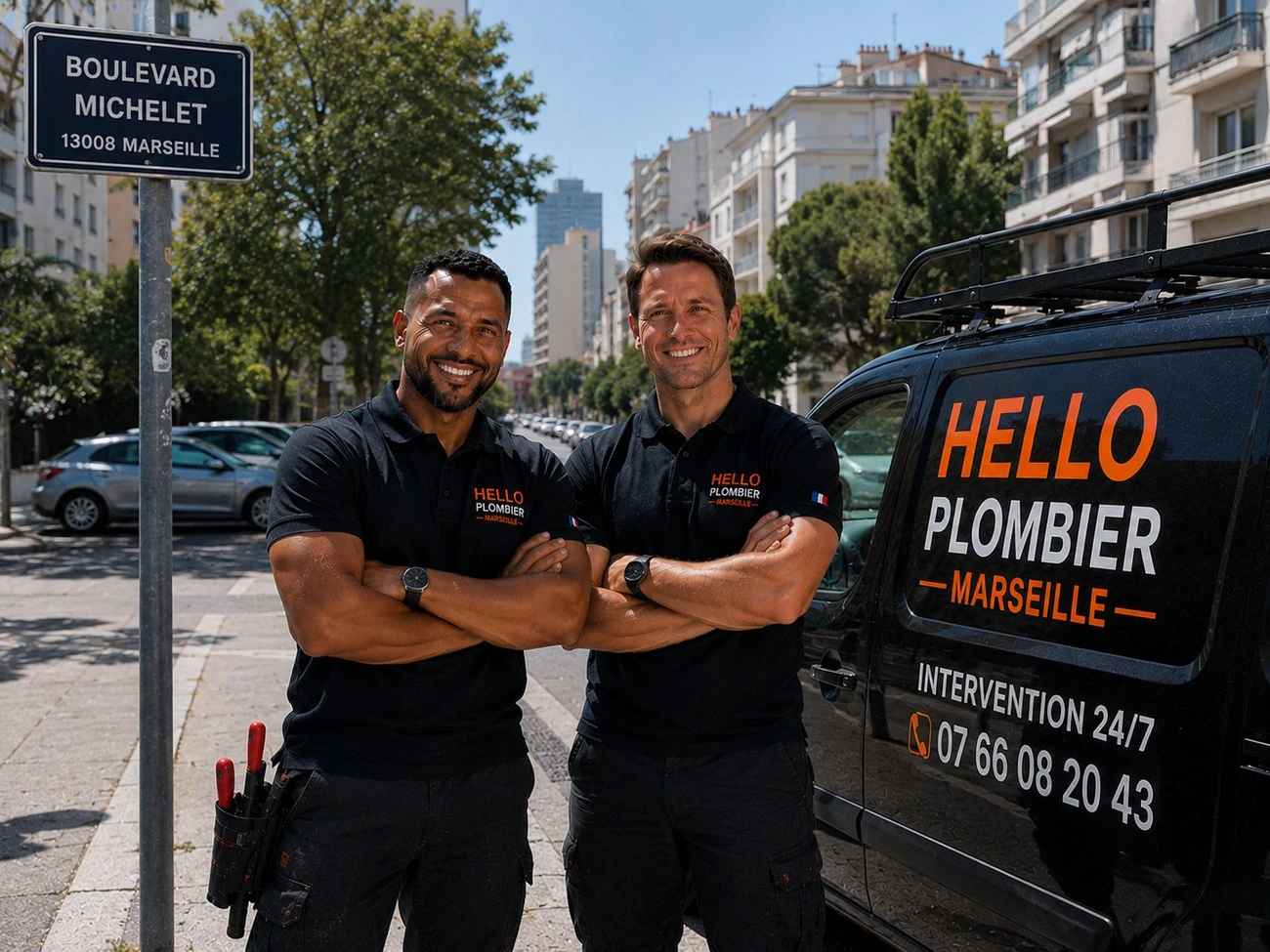 Plombier Marseille 8e (13008) : Medhi et Julien de Hello Plombier devant le van boulevard Michelet — Périer, Prado, Bonneveine, notre base rue du Rouet